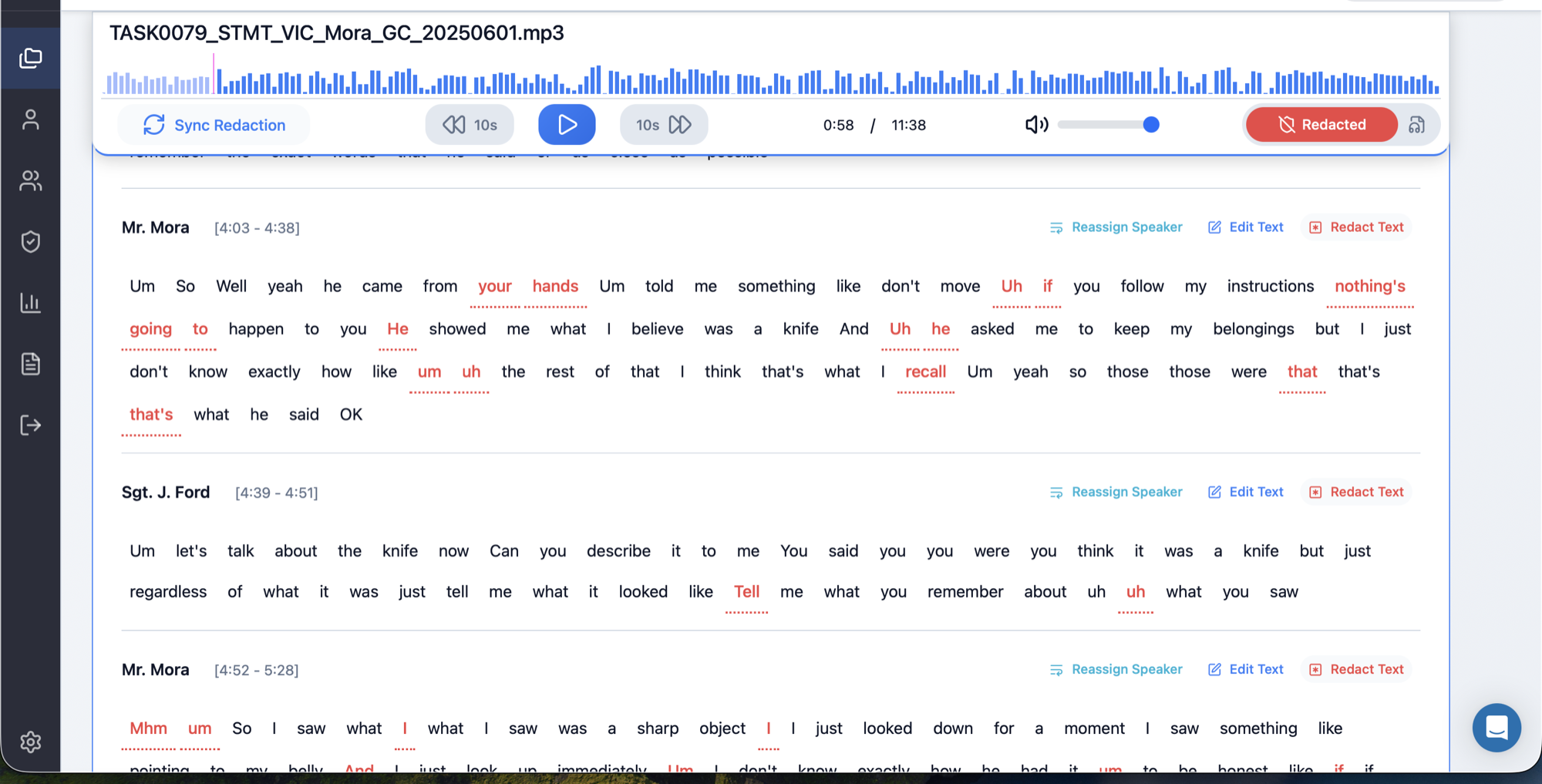 VRBTM product screenshot showing transcript review, audio playback, speaker reassignment, editing and redaction controls.